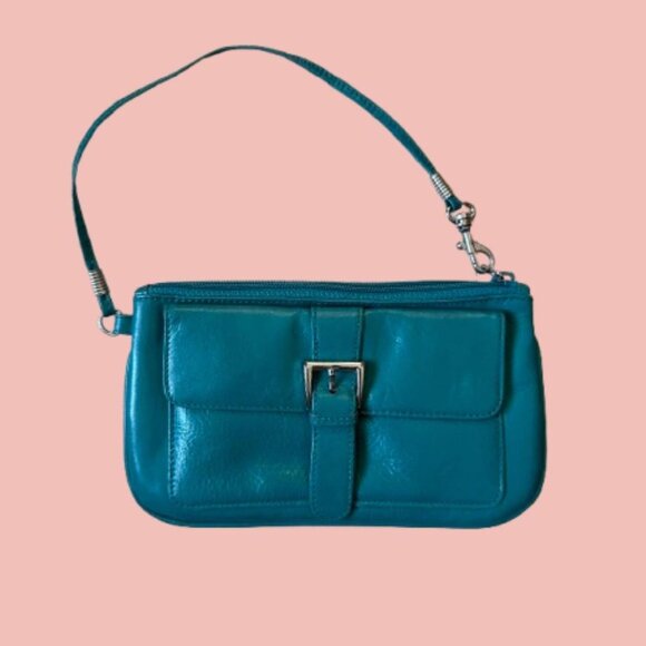 Y2K Teal Leather Mini Shoulder Bag – Buckle Detail - Picture 1 of 8